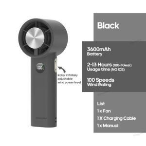 A sleek black portable air conditioner displayed prominently, showcasing its modern design and compact size.
