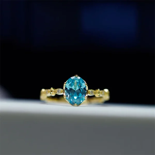 Luxury Gold Color Metal Blue Zircon Open Ring For Women Exquisite Advanced Design Natural Crystal Young Girls Party Jewelry N760