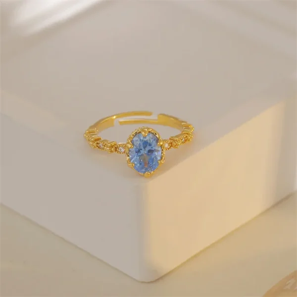 Luxury Gold Color Metal Blue Zircon Open Ring For Women Exquisite Advanced Design Natural Crystal Young Girls Party Jewelry N760