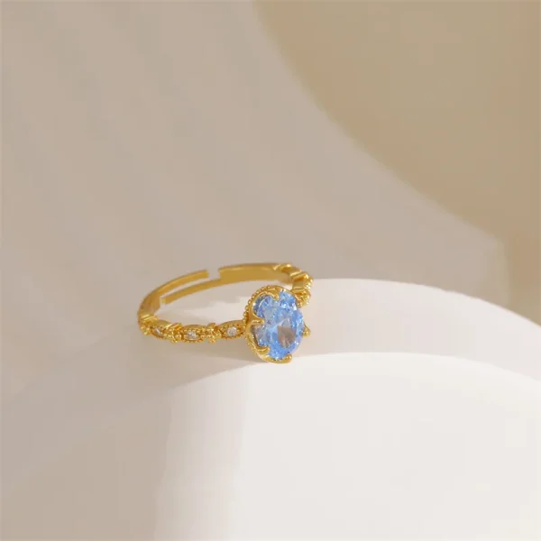 Luxury Gold Color Metal Blue Zircon Open Ring For Women Exquisite Advanced Design Natural Crystal Young Girls Party Jewelry N760
