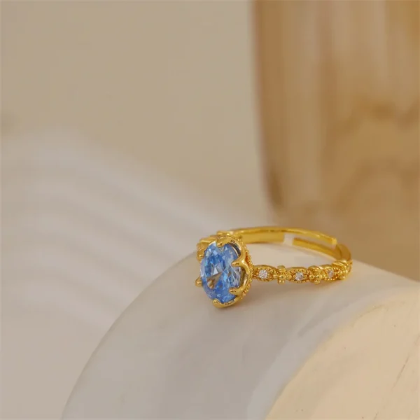 Luxury Gold Color Metal Blue Zircon Open Ring For Women Exquisite Advanced Design Natural Crystal Young Girls Party Jewelry N760