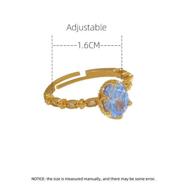 Luxury Gold Color Metal Blue Zircon Open Ring For Women Exquisite Advanced Design Natural Crystal Young Girls Party Jewelry N760
