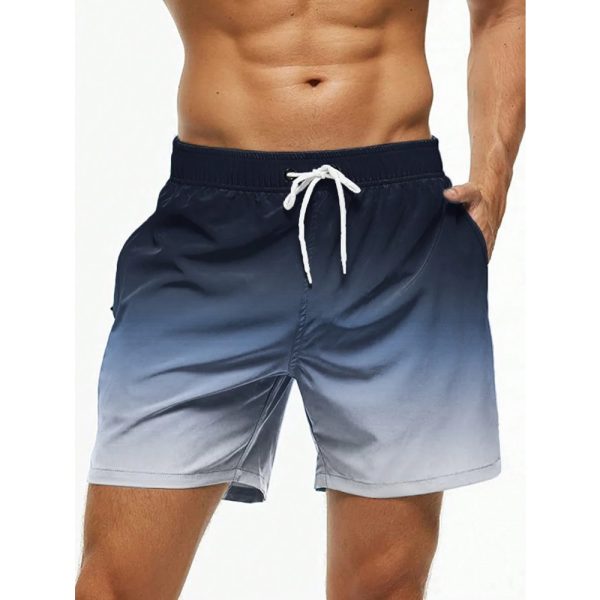 Men’s Beach Shorts Gradient Color Block Drawstring Summer Men’s swim Trunks Elastic Waist 3D Print Breathable Short Streetwear