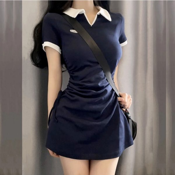 Polo Women’s Dress 2023 Summer Y2K One Pieces Korea Student Short Sleeve Mini Skirt Slim Female Drawstring Dress Collar Shirt