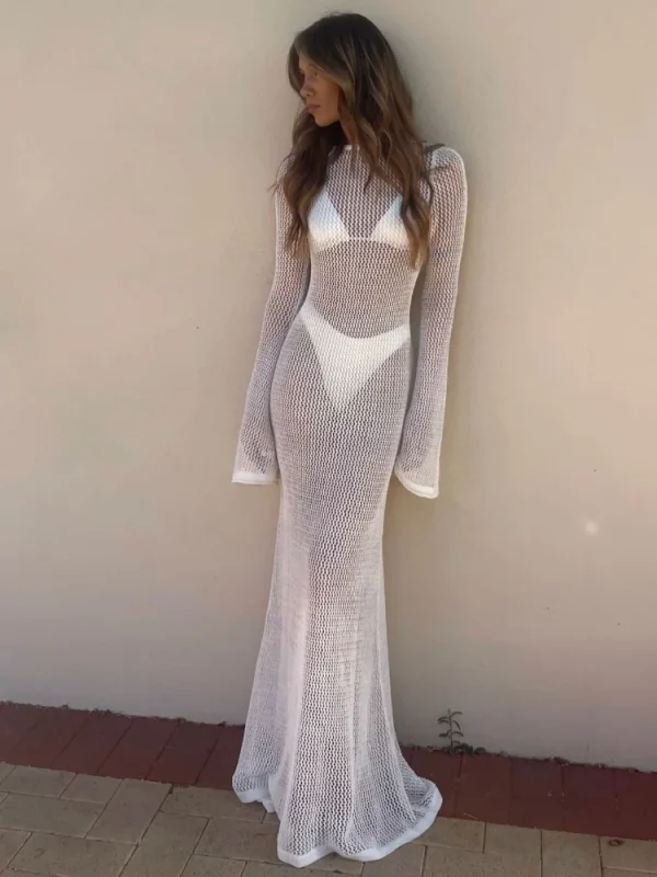 Leosoxs Long Sleeve Knit Beach Dress Women Sexy See Through Slim Maxi Dress Summer Elegant Solid Backless Dresses Holiday Outfit