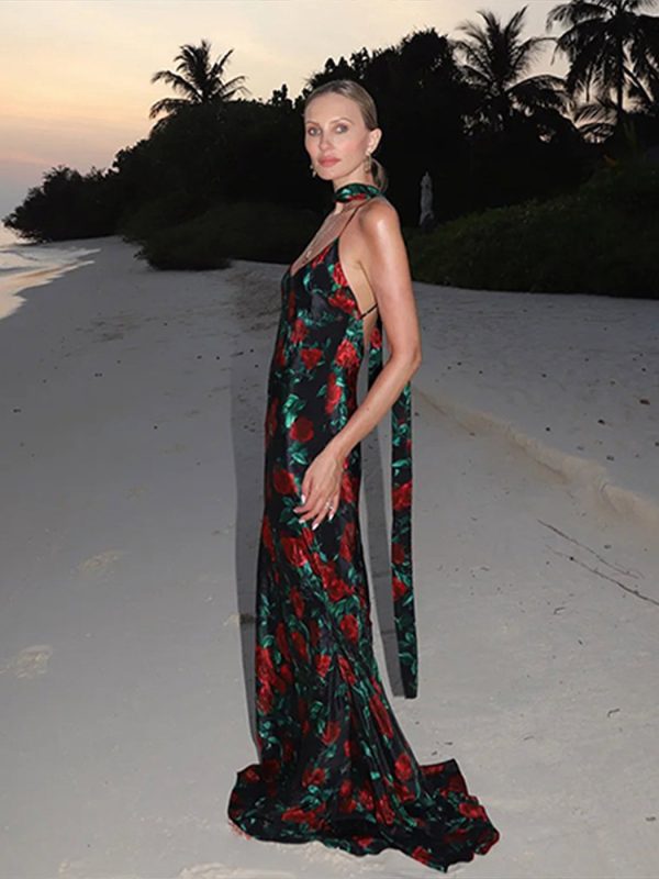 Sexy Rose Printed Sling Long Dresses Women Retro Backless V-neck Slim Party Dress With Ribbon Female Summer Chic Evening Vestido