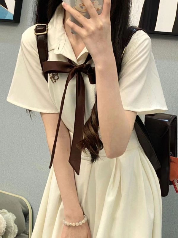 Slim College Style Bow Polo Neck Short-sleeved Women’s Korean Style Loose Mid-length Summer New Dress