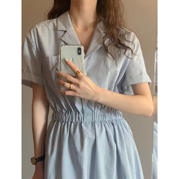 Elegant Korean Striped Shirt Dress – Summer Fashion 2025