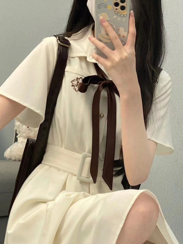 Slim College Style Bow Polo Neck Short-sleeved Women’s Korean Style Loose Mid-length Summer New Dress