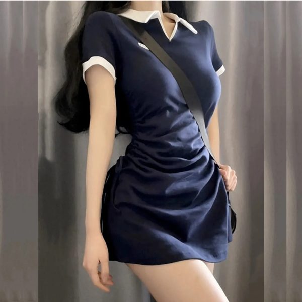 Polo Women’s Dress 2023 Summer Y2K One Pieces Korea Student Short Sleeve Mini Skirt Slim Female Drawstring Dress Collar Shirt