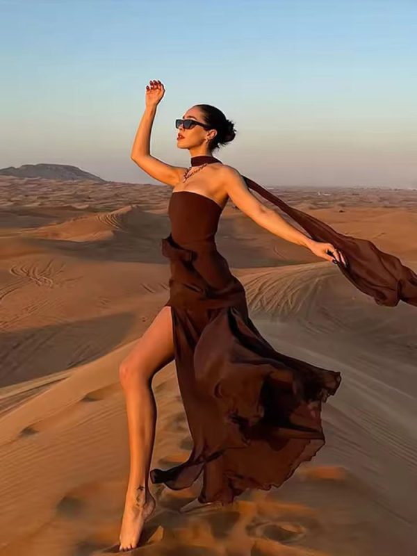 FSMG Elegant Solid Strapless Ribbon Long Dress Fashion Slash Neck Sleeveless Backless Robes Lady Spring Summer Evening Dresses