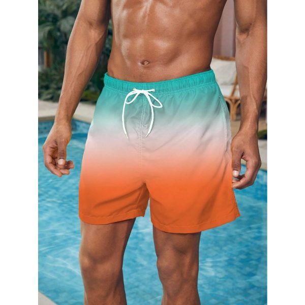 Men’s Beach Shorts Gradient Color Block Drawstring Summer Men’s swim Trunks Elastic Waist 3D Print Breathable Short Streetwear
