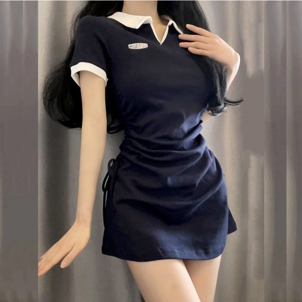 Polo Women’s Dress 2023 Summer Y2K One Pieces Korea Student Short Sleeve Mini Skirt Slim Female Drawstring Dress Collar Shirt