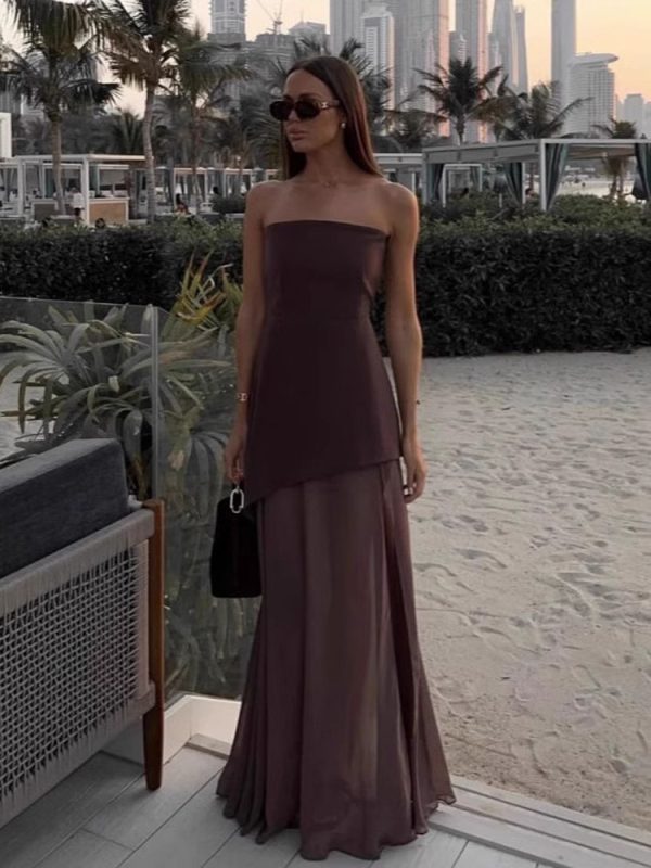 FSMG Elegant Solid Strapless Ribbon Long Dress Fashion Slash Neck Sleeveless Backless Robes Lady Spring Summer Evening Dresses