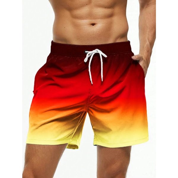 Men’s Beach Shorts Gradient Color Block Drawstring Summer Men’s swim Trunks Elastic Waist 3D Print Breathable Short Streetwear