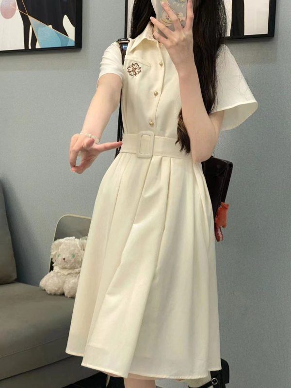 Slim College Style Bow Polo Neck Short-sleeved Women’s Korean Style Loose Mid-length Summer New Dress