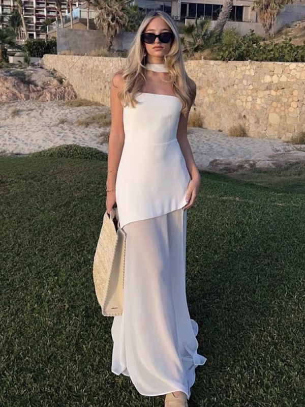 FSMG Elegant Solid Strapless Ribbon Long Dress Fashion Slash Neck Sleeveless Backless Robes Lady Spring Summer Evening Dresses