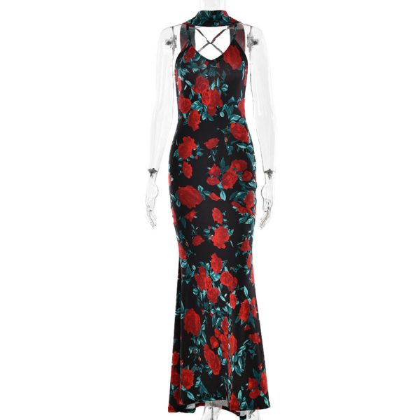 Sexy Rose Printed Sling Long Dresses Women Retro Backless V-neck Slim Party Dress With Ribbon Female Summer Chic Evening Vestido