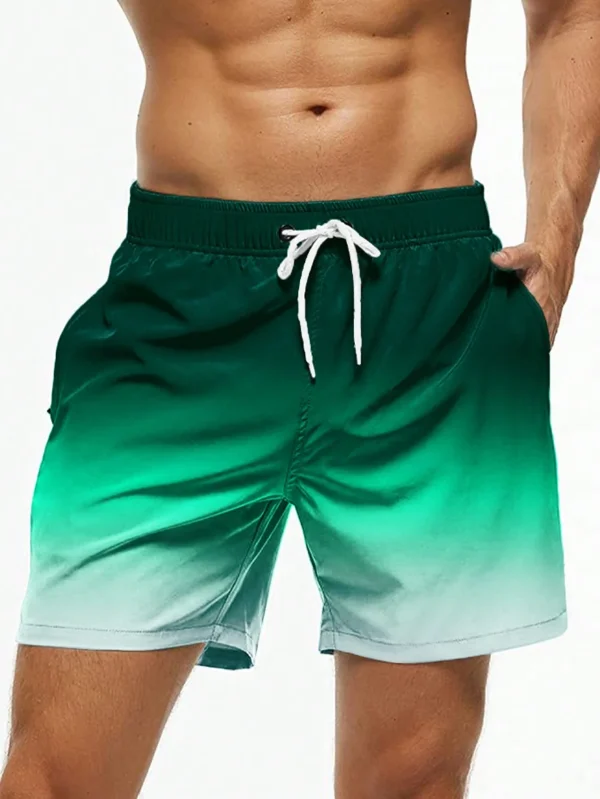 Men’s Beach Shorts Gradient Color Block Drawstring Summer Men’s swim Trunks Elastic Waist 3D Print Breathable Short Streetwear