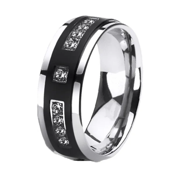 Men Fashion Stainless Steel Black Ring Ladies Rhinestone Silver Color Couple Ring