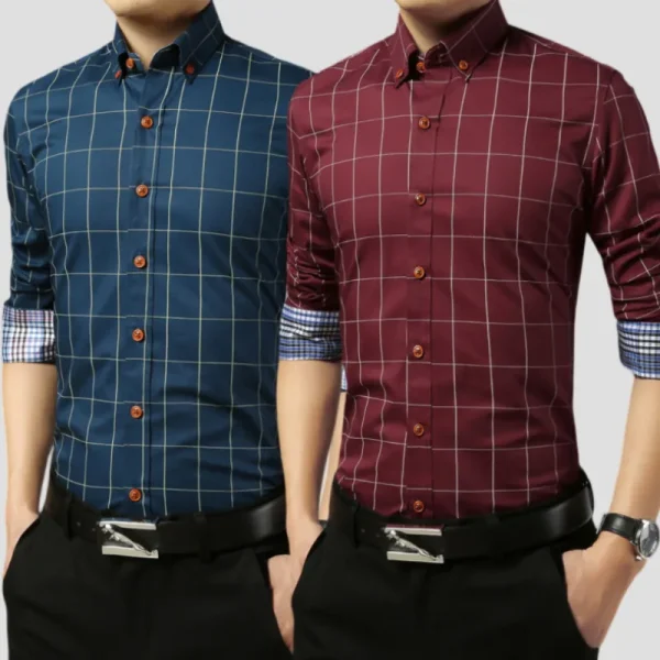 Buy Men’s plaid shirt Casual Long Sleeve Slim Shirt
