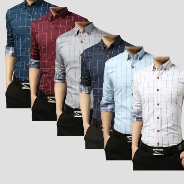 Buy Men’s plaid shirt Casual Long Sleeve Slim Shirt
