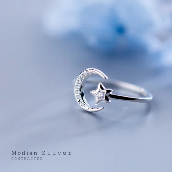 Sterling Silver Twinkle Star Moon Ring for Women