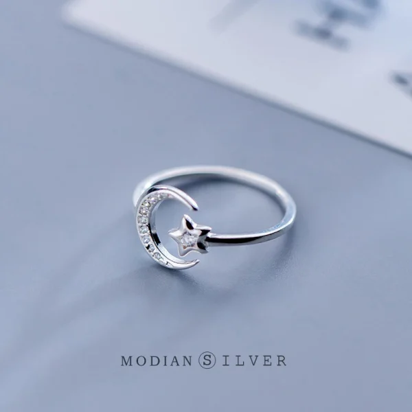 Sterling Silver Twinkle Star Moon Ring for Women