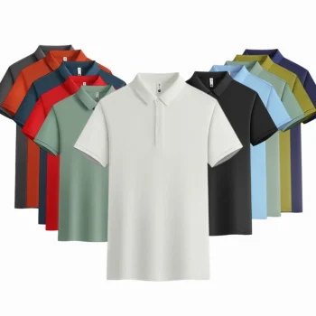 A collection of men's short-sleeve polo shirts in various colors.