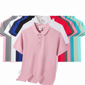 A collection of polo shirts in various colors, including white, pink, blue, and green.