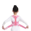 Pink posture corrector brace on a child's back, showing adjustment straps. Child wearing a pink back support for posture improvement. Adjustable pink posture brace for kids.