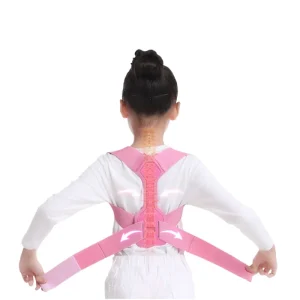 Pink posture corrector brace on a child's back, showing adjustment straps. Child wearing a pink back support for posture improvement. Adjustable pink posture brace for kids.