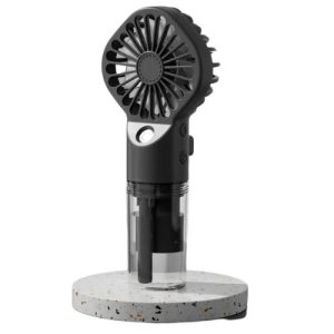 A stylish black and white mini fan on a stand, perfect for providing a refreshing breeze in limited spaces.