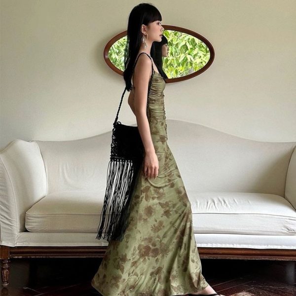 Retro Printed Camis Dress Women Summer Sexy Slim Spaghetti Straps Backless Party Dress Korean Chic Elegant Beach Vestidos New