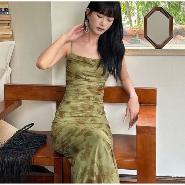 Retro Printed Camis Dress Women Summer Sexy Slim Spaghetti Straps Backless Party Dress Korean Chic Elegant Beach Vestidos New