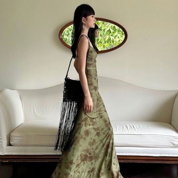 Retro Printed Camis Dress Women Summer Sexy Slim Spaghetti Straps Backless Party Dress Korean Chic Elegant Beach Vestidos New
