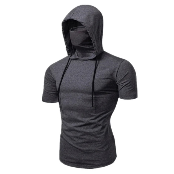 2025 New Mens Gym Thin Hoodie Short Sleeve With Mask T-shirt fashion Casual Splice Large Mask Hoodie motorcycle Cycling tHoode