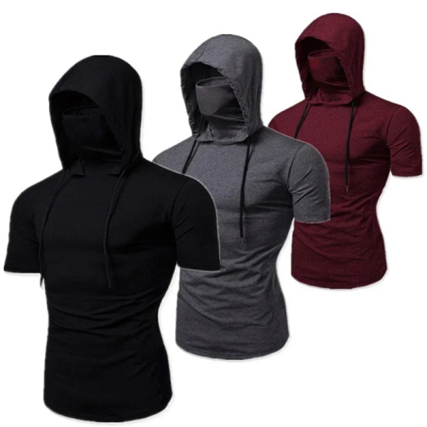 2025 New Mens Gym Thin Hoodie Short Sleeve With Mask T-shirt fashion Casual Splice Large Mask Hoodie motorcycle Cycling tHoode