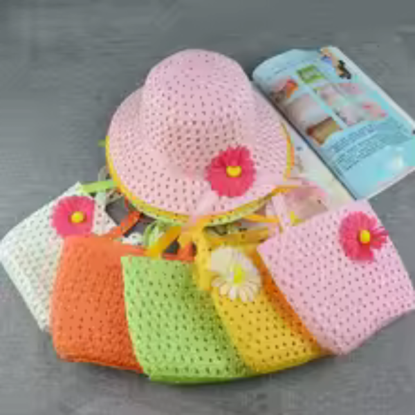 Outdoor Straw Hat Bag Set Sun Caps Kids Girl Breathable Beach Hats Cherry Sweet Princess Seaside Panama Hat for Spring Summer