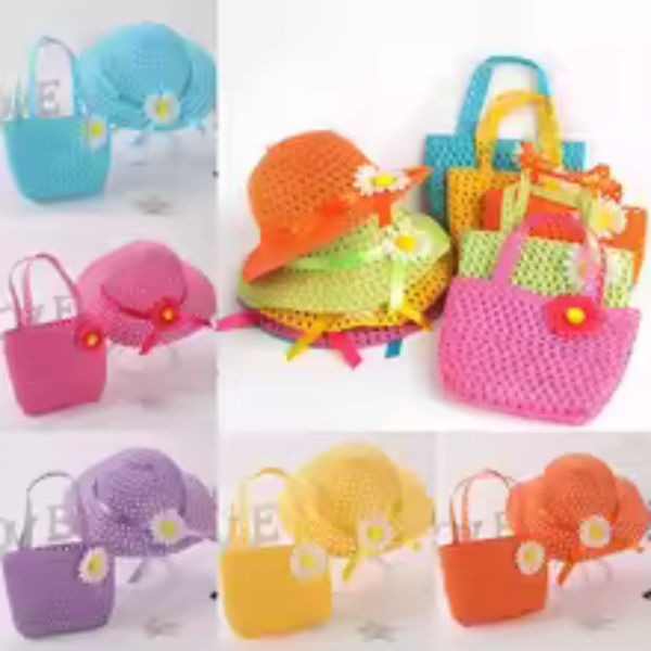Outdoor Straw Hat Bag Set Sun Caps Kids Girl Breathable Beach Hats Cherry Sweet Princess Seaside Panama Hat for Spring Summer