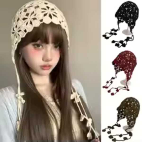 2024 New Thin Hollow Handmade Crochet Knitted Hats For Women Y2k Spring And Summer Travel Versatile Concave Strap Beanies Caps