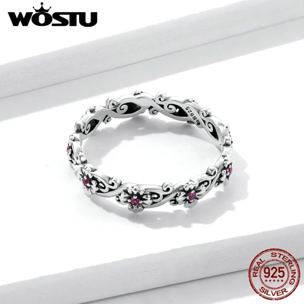 Sterling Silver Hollow Pattern Rose Red Flower Zircon Rings For Women