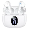White wireless earbuds in a charging case with a digital display showing 100% charge.