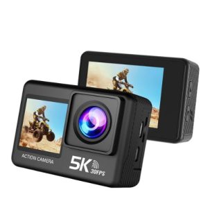 A modern 5K action camera displayed on a flat surface, highlighting its lens and controls for action-packed photography
