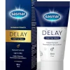 Delay gel for men on bathroom counter next to condoms (2).