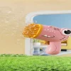 Child playing with a dinosaur-shaped bubble gun shooting bubbles outdoors (2).