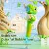 Child playing with dinosaur bubble gun toy that blows bubbles and lights up outdoors (2).