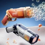 Kid enjoying summer with light-up electric bubble gun toy (3).