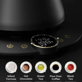 Matte black INTASTING gooseneck electric kettle with precision spout on a kitchen counter (2).