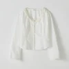 Woman wearing a Korean cotton lace V-neck ruffle top in soft natural lighting (2).